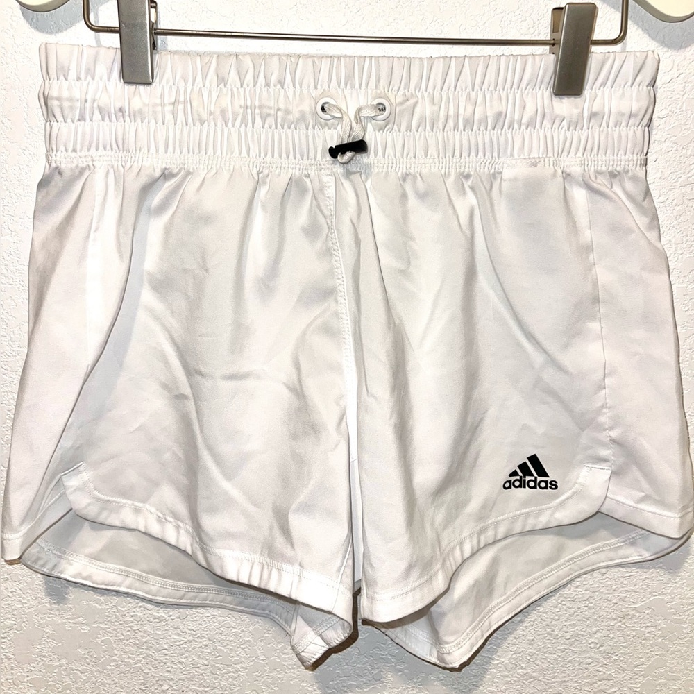 Adidas white athletic shorts with thick waist cinching band
